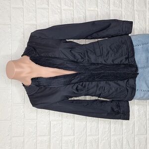 BCBGMAXAZRIA Navy Cotton Pleated Jacket Top with Front Pockets